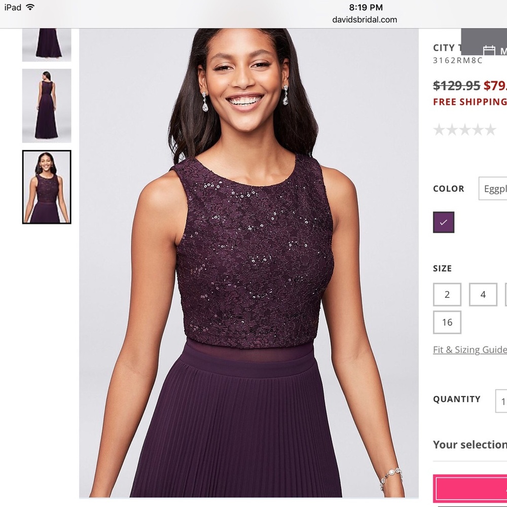 David’s Bridal Bridesmaid Dress Size 2 in Eggplant
